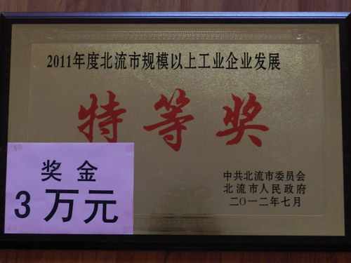 集团成员企业---广西北流森艺瓷业有限公司获北流市“2011年规模以上工业企业发展“特等奖”荣誉称号